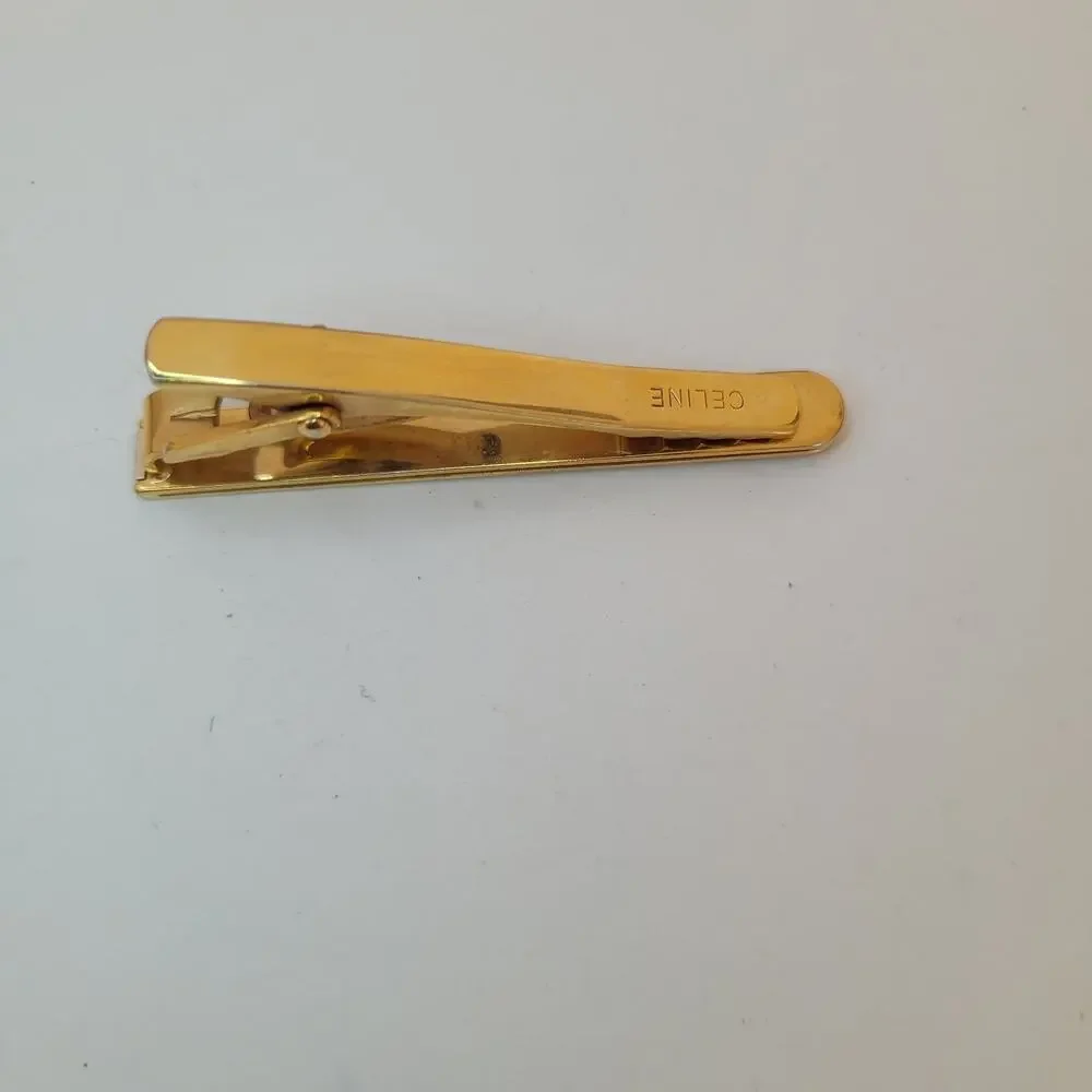 Celine Triumph Tie Bar Clip Clasp Gold Silver Tone 2in Logo Vintage Stripped - Picture 3 of 7